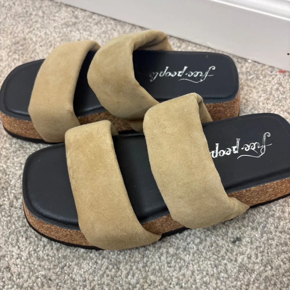 NWOT Free People Fairmount Flared Tan Suede Platform Slide Sandals Boho  38 7.5